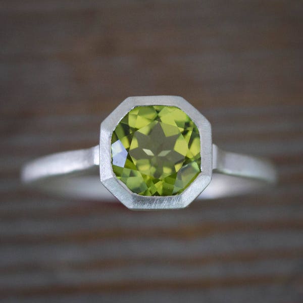 Asscher Cut Peridot Ring: Recycled Sterling Silver Gemstone