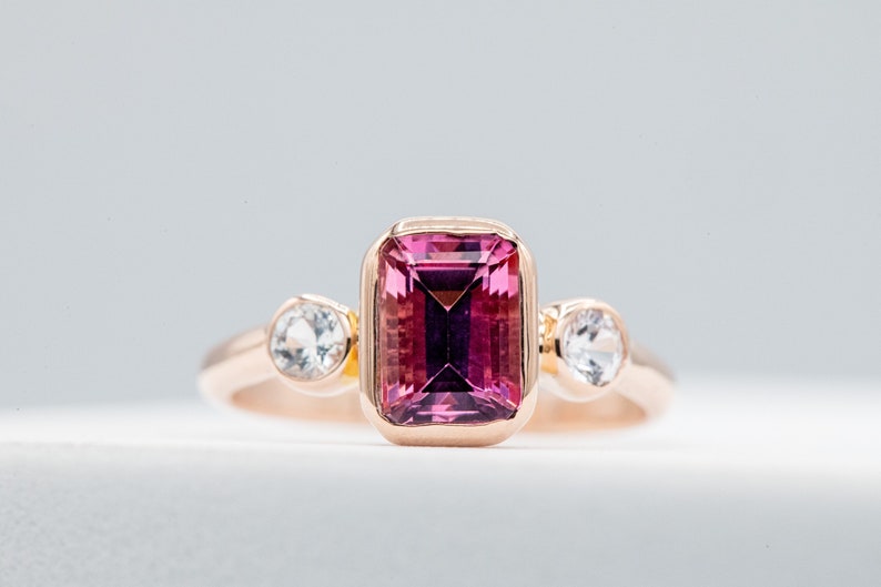 Pink Tourmaline and White Sapphire Ring 14k Rose Gold Tourmaline Ring Emerald Cut Tourmaline Engagement Ring image 3