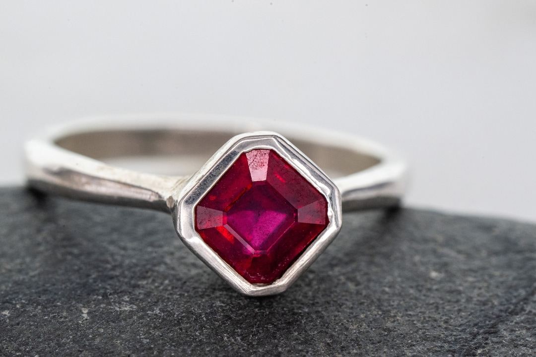 Asscher Ruby Solitaire Ring in Recycled Silver Ring Size 7.5 Ready to ...