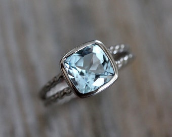 Sky Blue Topaz Ring, Palladium 14k White Gold Ring, Twisted Rapunzel  Rope Band