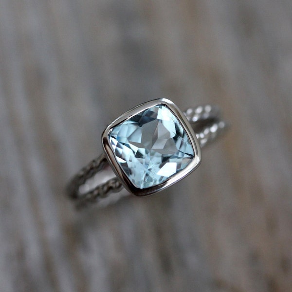 Sky Blue Topaz Ring, Palladium 14k White Gold Ring, Twisted Rapunzel  Rope Band