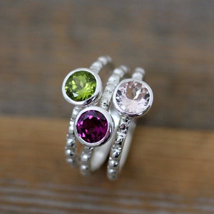 Morganite Peridot Rhodolite Garnet Ring Set – Recycled Sterling Silver Pink & Green Gemstone Stacking Rings