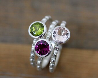 Morganite, Peridot and Rhodolite Garnet Ring in Recycled Sterling Silver, Gemstone Stacking Ring Set of Pinks and Green