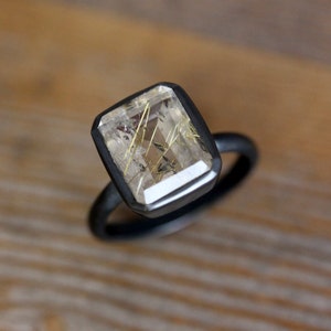 Large Octagon Golden Rutilated Quartz and Blackened Silver Ring