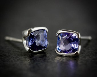 Tanzanite and Sterling Silver Studs, 5mm Cushion Cut Tanzanite Studs, Square Tanzanite and Silver Earrings, Purple Blue Gemstone Earrings