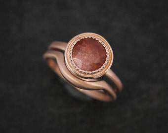 Peach Sunstone Ring, Oregon Sunstone Engagement Ring, Rose Gold Halo Ring,  Rustic Handmade Jewelry for Fiance