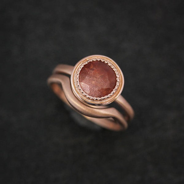 Peach Sunstone Ring, Oregon Sunstone Engagement Ring, Rose Gold Halo Ring,  Rustic Handmade Jewelry for Fiance