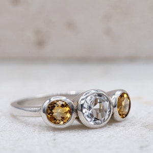 Citrine and White Topaz Sterling Silver Three Stone Ring - Ready to Ship Size 7