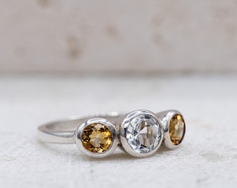 Citrine and White Topaz Sterling Silver Three Stone Ring - Ready to Ship Size 7