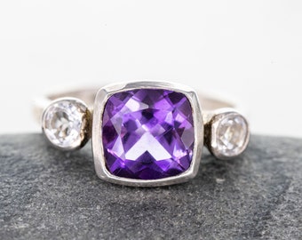 Purple Amethyst Cushion Ring Three Stone Ring - Size 4.5 Ready to Ship