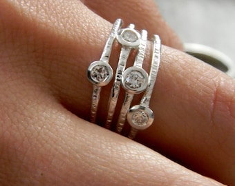 Moissanite Multistone Ring in Silver Band Ring, Gemstone Bezel Ring