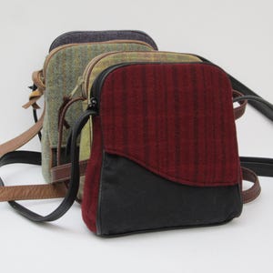 Felted Wool and Waxed Canvas Shoulder Bag | Red Plaid Wool Purse | Purple Herringbone Tweed Bag | Wool Pocketbook * Genuine Leather
