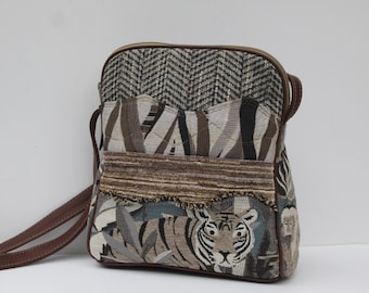 Small Handcrafted Bag, BOHO Crossbody | Jungle Cat and Friends | OOAK Handmade Handbag | Upcycled Purse | Brown Leather Strap