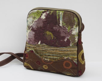 Upcycled Shoulder Bag | Boho Crossbody | OOAK Floral Purse  | Unique Handmade Bag | Purple Brown Green Tapestry  | Genuine Leather