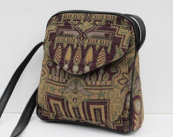 Small Shoulder Bag | Tapestry Crossbody Bag | Upholstery Fabric Purse |  Purple Olive Gold | Genuine Black Leather