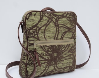 Floral Tapestry Crossbody Bag | Green Brown Chenille, Leather Trim