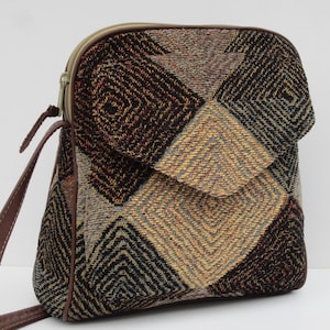 Bolso de hombro pequeño / Bolso bandolera con diseño de rombos / Monedero de tela tapizada / Marrón, negro y gris / Cuero genuino marrón