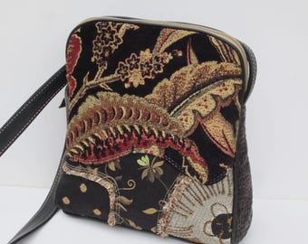 OOAK Shoulder Bag, Small Upcycled  Purse - Fabric Collage * Handmade Pocketbook *  Upholstery Fabrics| Genuine Leather Trim