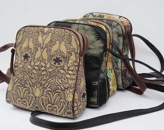 Small Shoulder Bag | floral Tapestry Purse | Monkey Birds Sunflowers | Small Crossbody | Genuine Leather Trim