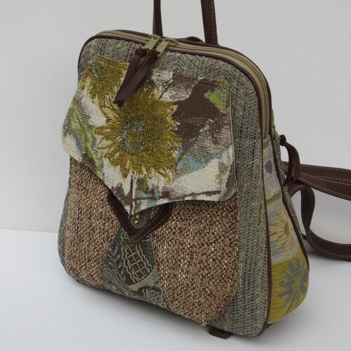 OOAK Backpack | Sunflower Goddess | Unique Fabric Collage Backpack | Purse Backpack | Genuine shops Brown Leather