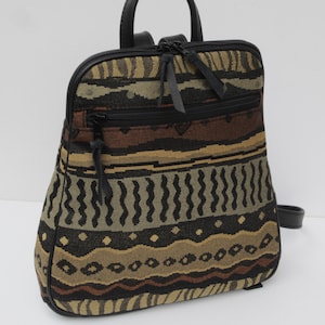 Tapestry Backpack | Upholstery Fabric Backpack | Streamlined Unisex Daypack  | Black Brown Gray Tan  Purse Backpack  | Genuine Black Leather