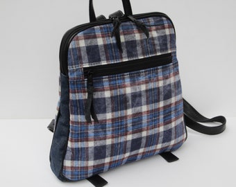 Waxed Flannel Backpack, Cute Blue Plaid Print, Purse Backpack, Waxed Cotton Daypack, Medium, Genuine Black Leather Trim