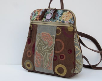 Small Backpack | OOAK Purse Backpack | Upcycled Backpack | Boho Gifts for Her | Floral Tapestry Collage | Genuine Brown Leather