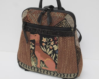 OOAK Backpack | Purse Size Backpack with Dog | Fabric Collage Daypack | Genuine Black Leather
