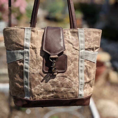 Waxed Canvas Tote Bag | Market Bag | Canvas Shopping Bag | shops Water Resistant Purse with Genuine Leather Straps