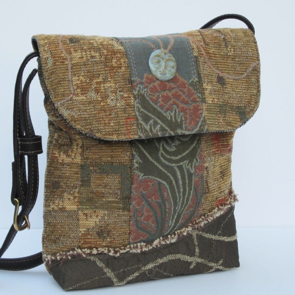 CROSS BODY Shoulder BAG by Elizabeth Z Mow  Fabric Collage with Leather Moonglow