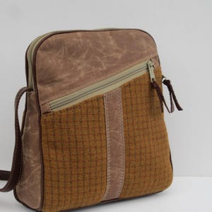 Waxed Canvas and Felted Wool Shoulder Bag * Brown Rust Tattersall Crossbody Purse |  OOAK Purse- Small Casual Shoulder Bag | Genuine Leather