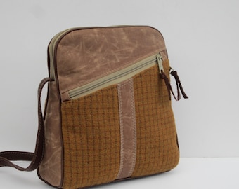 Waxed Canvas & Wool Crossbody Bag | Tattersall Check, Leather Accent