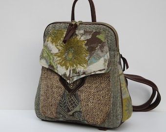 OOAK Backpack | Sunflower Goddess | Unique Fabric Collage Backpack | Purse Backpack | Genuine Brown Leather