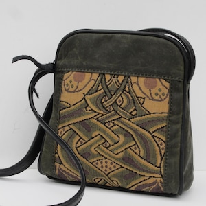 Bolso pequeño de lona encerada / Monedero de lona y tapiz / Bolso bandolera con nudo celta verde oliva / Cartera original / Cuero auténtico
