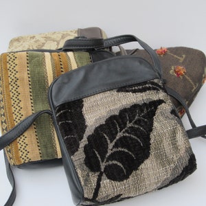 Small Shoulder Bag Upholstery Fabric Purse with Leather Fuzzy Palm Trees Large Black Fronds Floral Tapestry Genuine Leather image 6