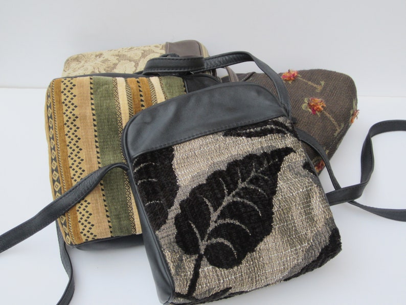 Small Shoulder Bag Upholstery Fabric Purse with Leather Fuzzy Palm Trees Large Black Fronds Floral Tapestry Genuine Leather image 6