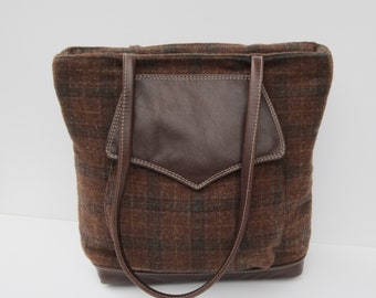 Felted Wool Tote Bag | Top Handle Tote Bag | Brown Plaid Wool Tote | Tote Bags with Pockets | Genuine Brown Leather Trim