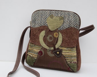 Small OOAK Shoulder Bag, Frog Purse, One of a Kind Fabric and Leather Crossbody,  Fenna Frog Has Left the Bog, Genuine Leather