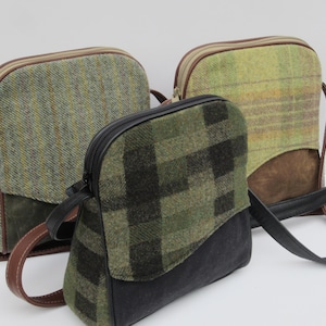 Bolso de hombro pequeño OOAK / Bolso bandolera de lona encerada y lana afieltrada / Monedero pequeño de lona y lana a cuadros / Adorno de cuero genuino