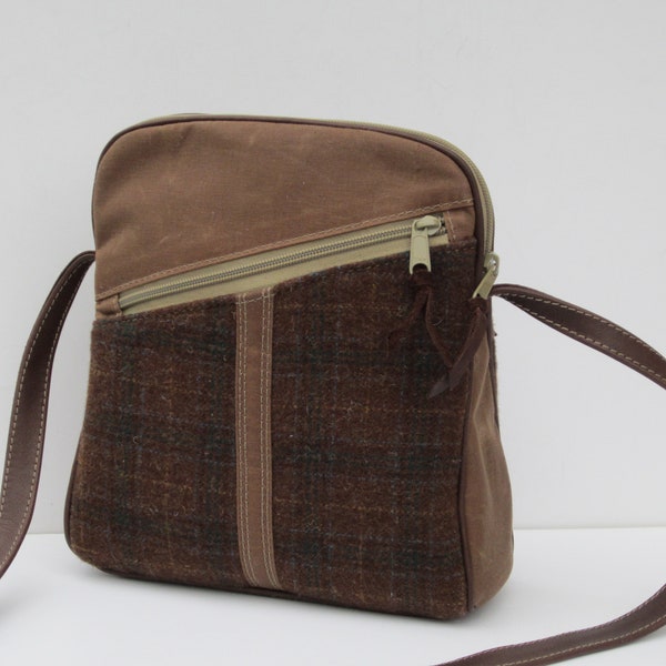 Waxed Canvas and Felted Wool Shoulder Bag * Brown Plaid Crossbody Purse |  OOAK Purse- Small Casual Shoulder Bag | Genuine Leather