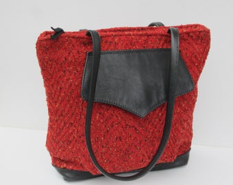 Red Tote Bag | Medium Tote | Zip top Tote Bag | Upholstery Tweed Bag | Vibrant Red Black Leather Trim