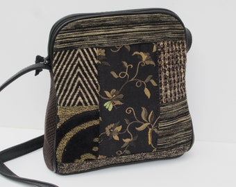 Small Shoulder Bag | OOAK Crossbody | Upcycled Patchwork Purse | Black Gold Brown Fabric Collage Bag  |  Genuine Black Leather