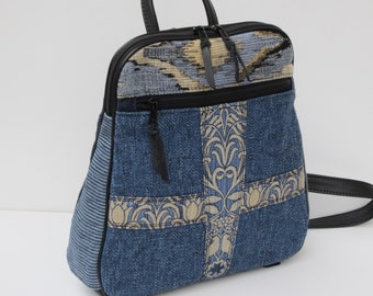 OOAK Backpack | Small Backpack | Upholstery Fabric Purse | Blue on Blue | Genuine Black Leather