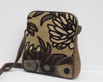 Small Shoulder Bag | OOAK Purse | Upcycled  |  Fabric Collage Bag  |  Genuine Brown Leather