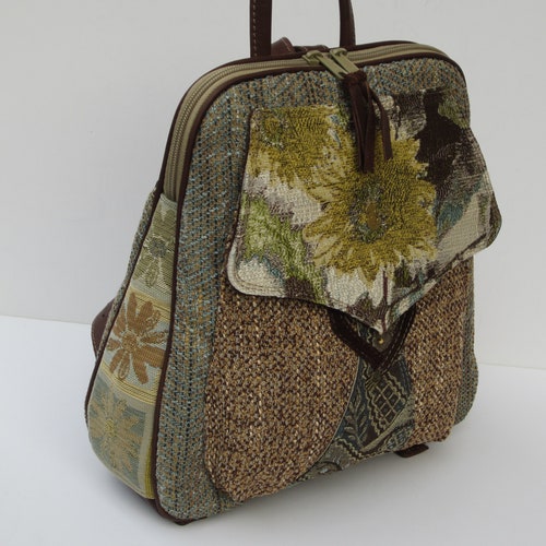 OOAK Backpack | Sunflower Goddess | Unique Fabric Collage Backpack | Purse Backpack | Genuine shops Brown Leather