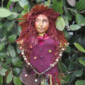 Handmade OOAK Art Doll | Radiant Rose Spirit Goddess | Purple Orange Burgundy Coral Gold Copper Art  Doll | Spirit Doll with Leather Beads