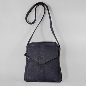 Navy Blue Waxed Canvas Bag, Wax Canvas Purse, Midnight Blue Waxed Canvas Purse Charcoal Gray Leather Strap Unisex Minimalist Bag image 7