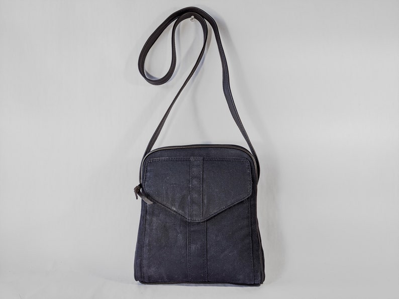 Navy Blue Waxed Canvas Bag, Wax Canvas Purse, Midnight Blue Waxed Canvas Purse Charcoal Gray Leather Strap Unisex Minimalist Bag image 7