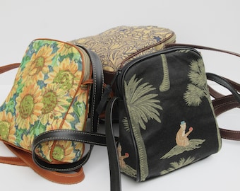 Small Shoulder Bag | Tapestry Purse | Daffodils Monkey Birds Sunflowers | Small Crossbody | Genuine Leather Trim