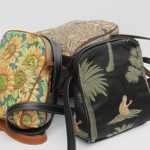 Small Shoulder Bag | Tapestry Purse | Daffodils Monkey Birds Sunflowers | Small Crossbody | Genuine Leather Trim